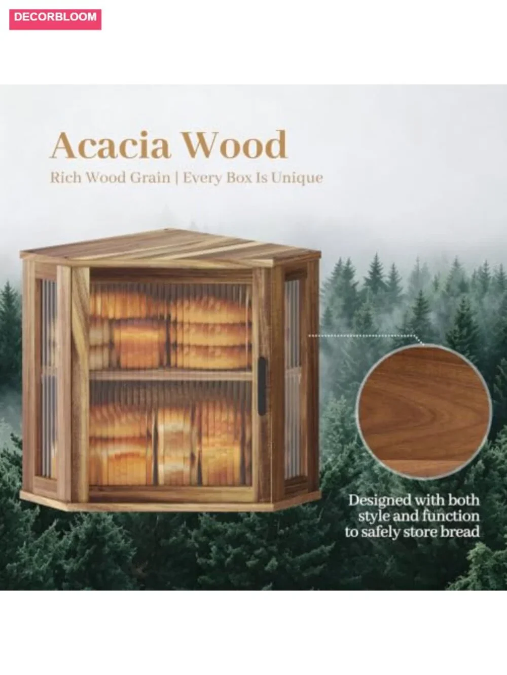 Acacia Wood Corner Bread Box for Kitchen Countertop, Large Capacity w/ Magnetic